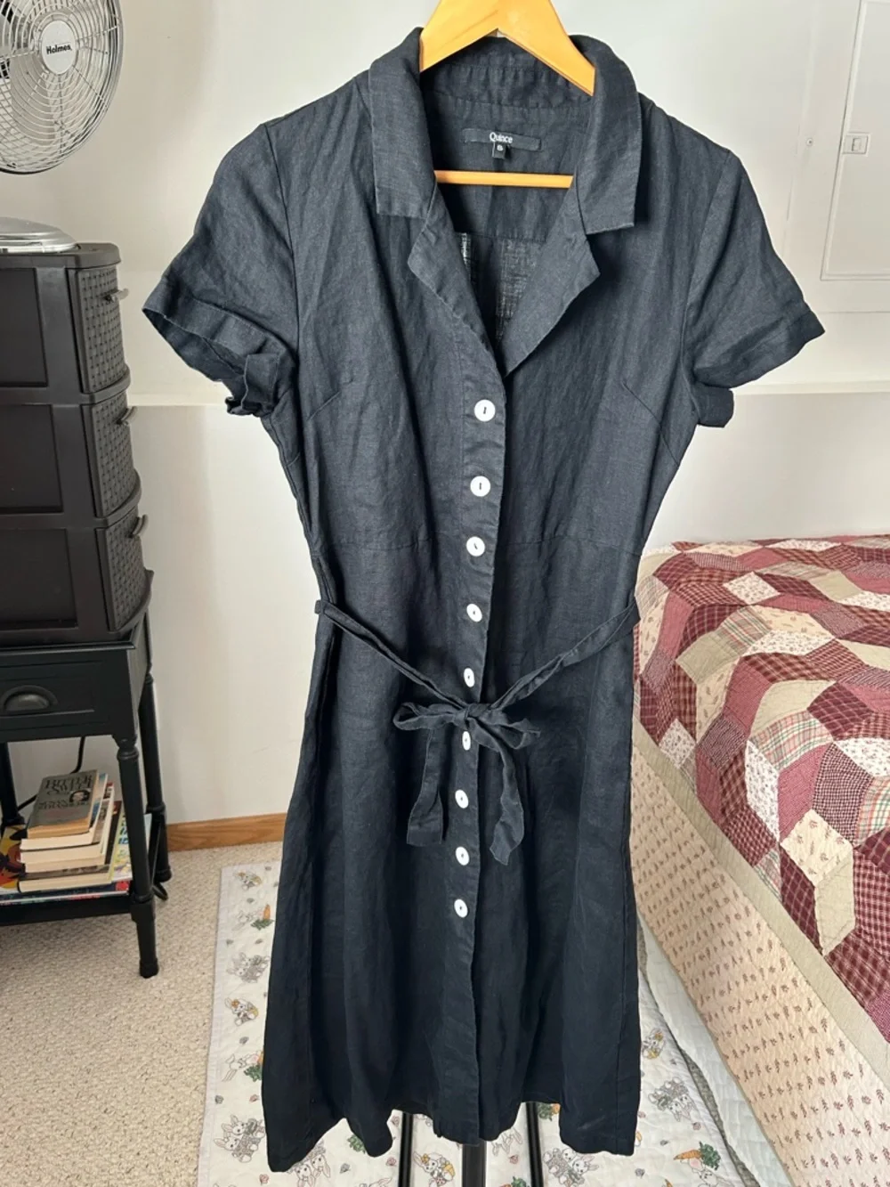 Quince 100% Linen Button Front Short Sleeve Midi Dress Black